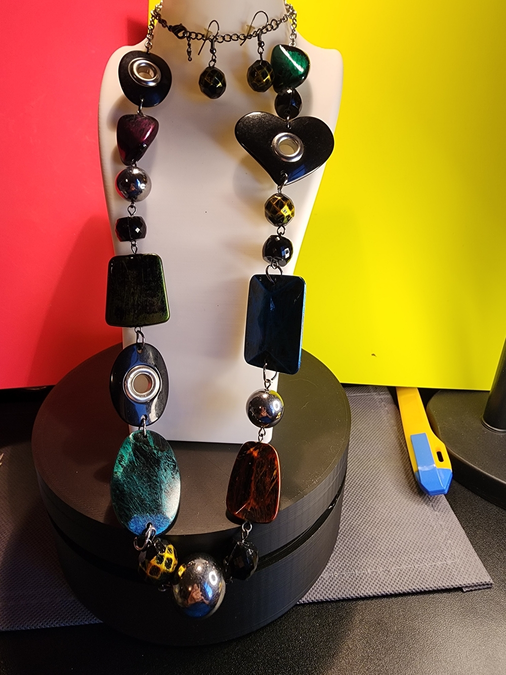 Statement Multi-Color Resin and Metal Long Statement Necklace & Earrings